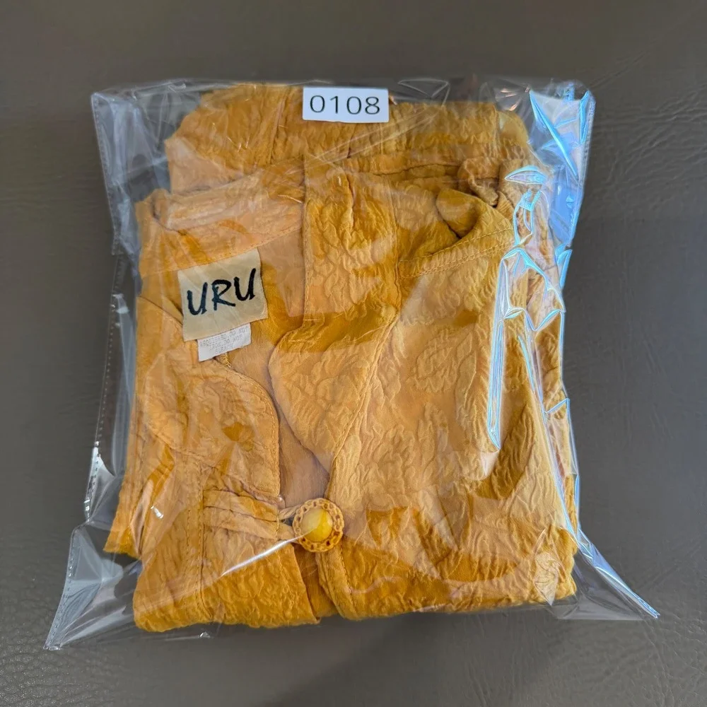 URU 100% Silk Yellow Crinkle Tunic Mandarin Collar Frog Toggle Lagenlook Large - Picture 13 of 14